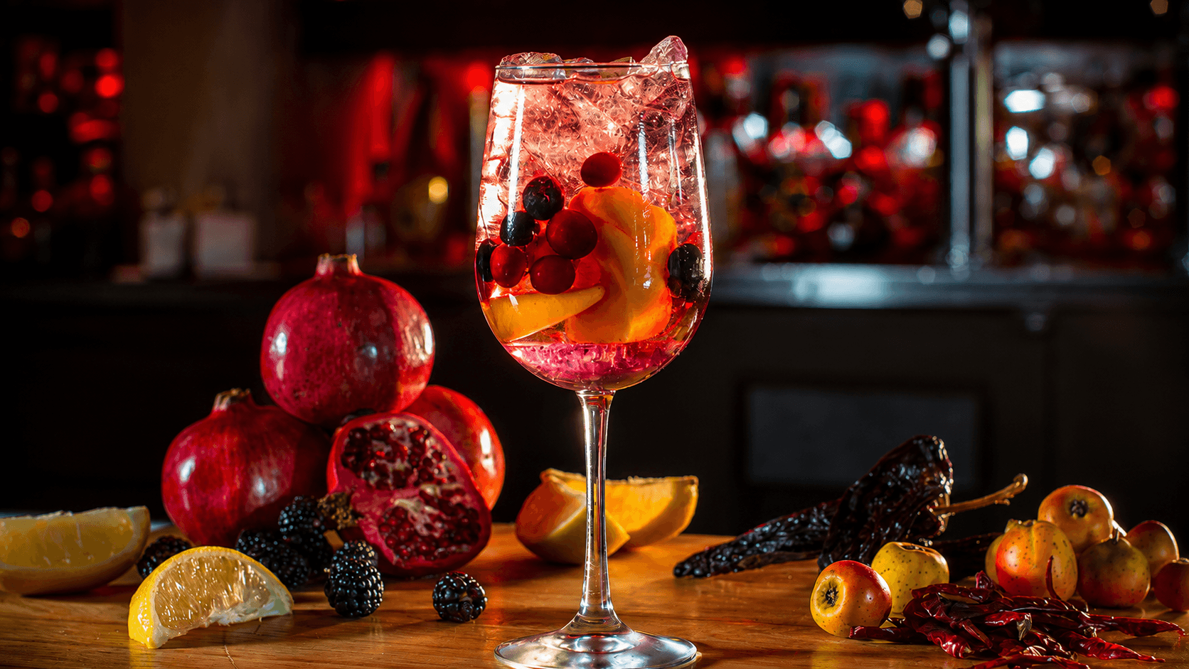 Sangria-style cocktail with pomegranate, blackberries, and citrus