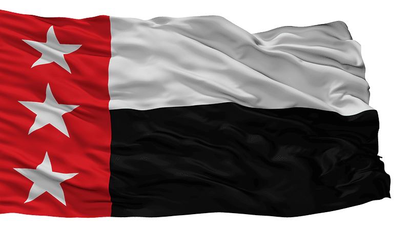 Flag of the Republic of the Rio Grande — red, white, and black with three white stars